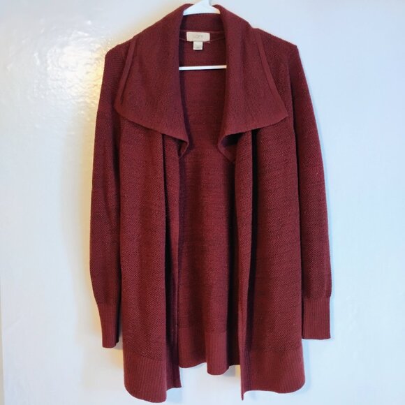 LOFT Sweaters - LOFT Outlet Burgundy Open Front Knit Cardigan XS Draped Collar Long Sleeve